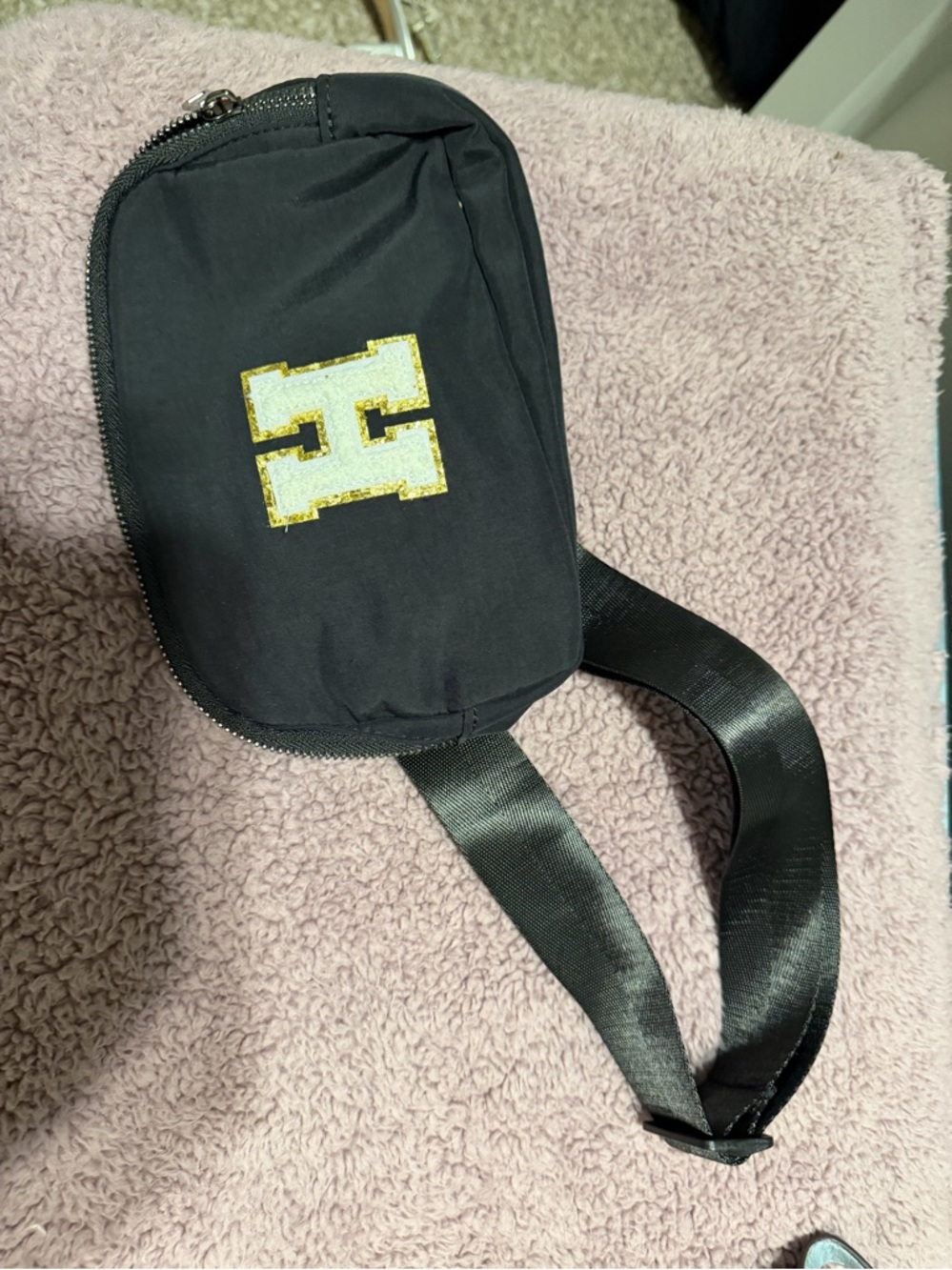 Black Crossbody Belt Bag with Gold & White 'H' Patch